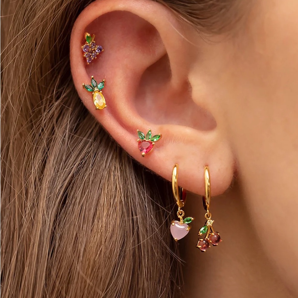 18k Gold Plated Pink CZ Cherry Huggie Earrings. New.